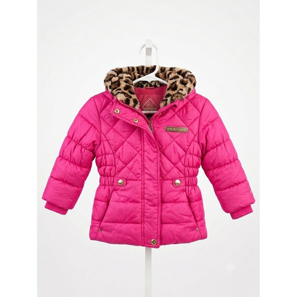 ZeroXposure Girls 4/5 Hot Pink Quilted Puffer Jacket Faux Fur Leopard Hood